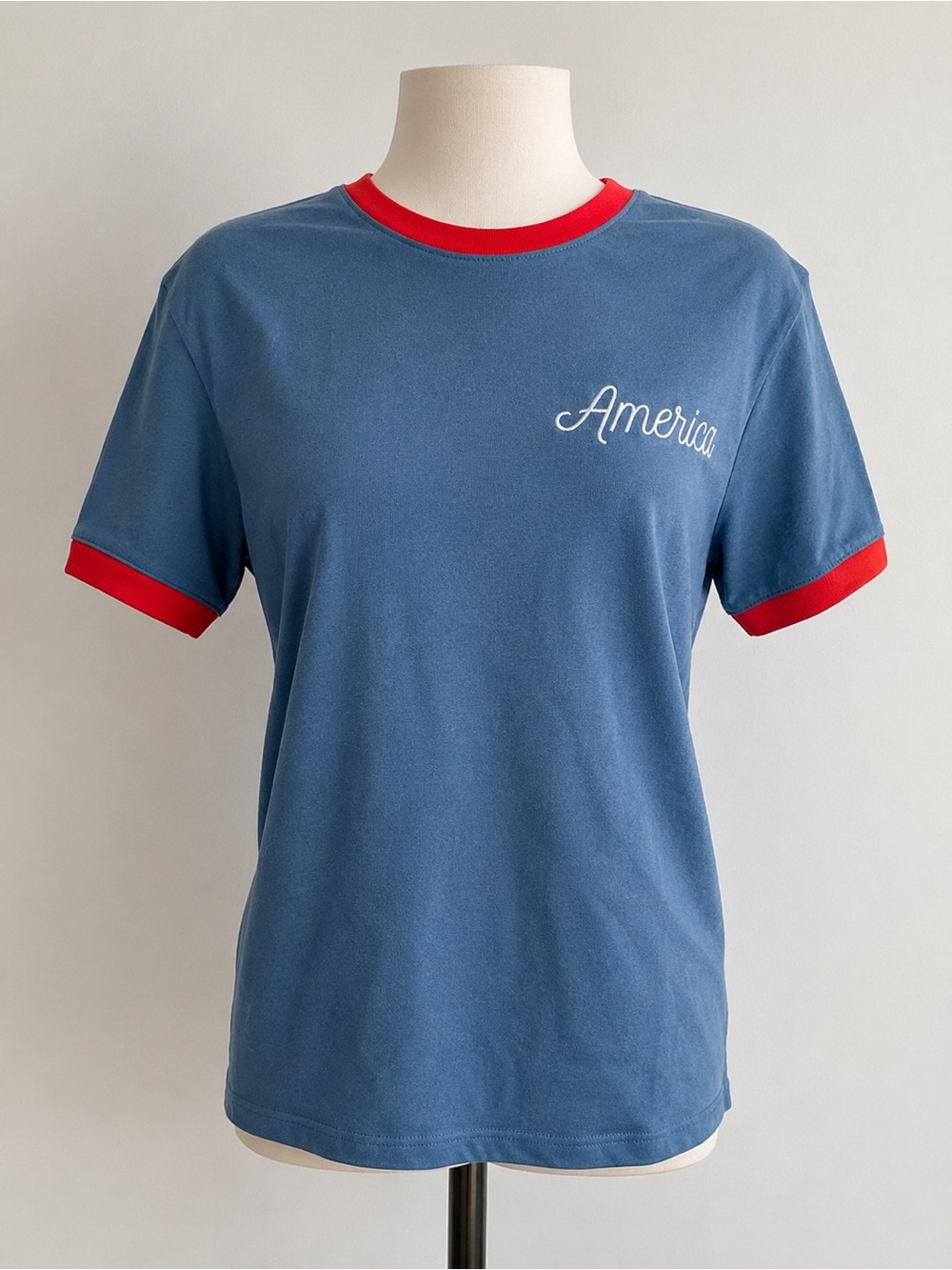 America Organic Cotton Blue & Red Ringer Tee Patriotic Graphic T-Shirt Women’s S
